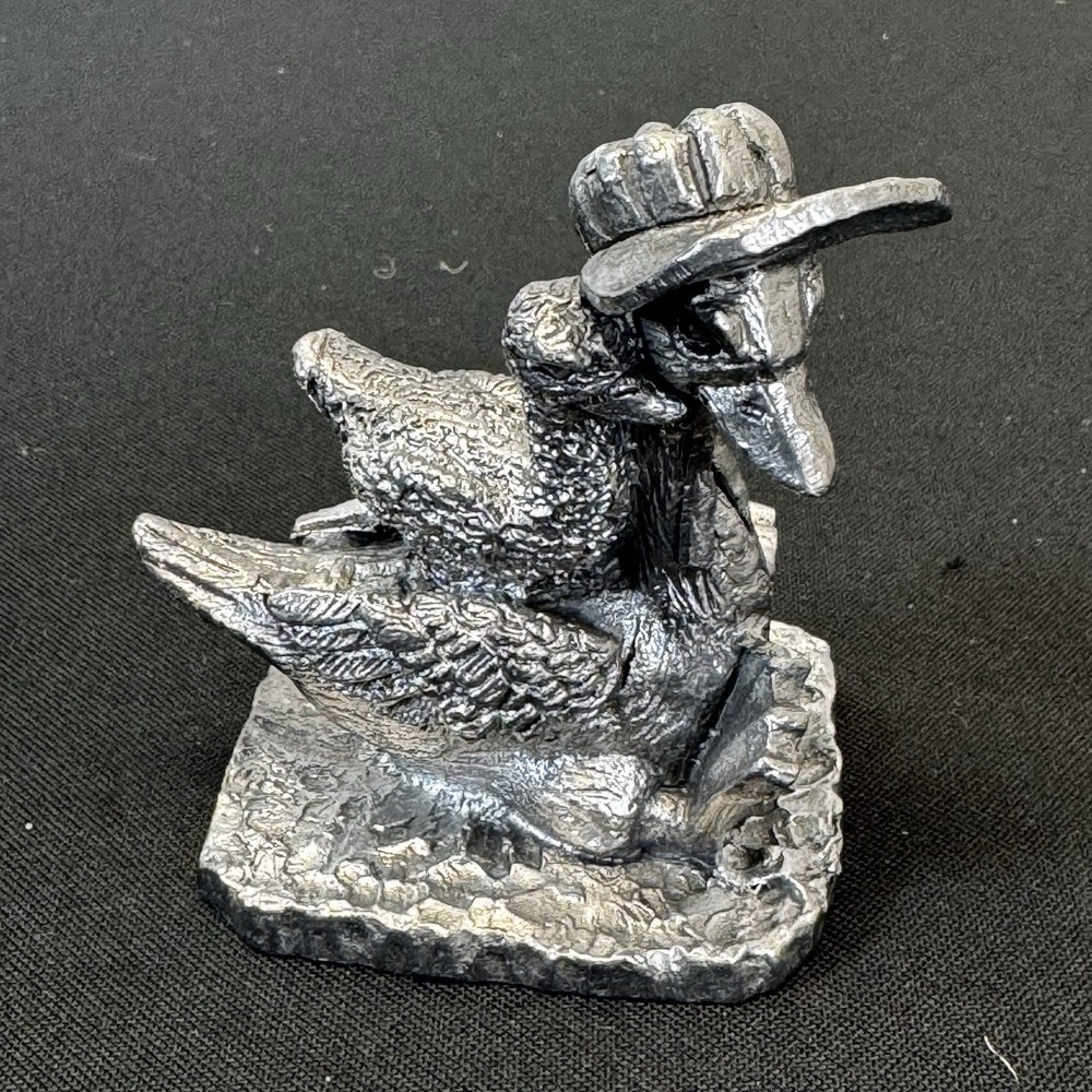 Vintage Pewter Duck with Hat and Duckling Figurine Metal Statue‎ 13062